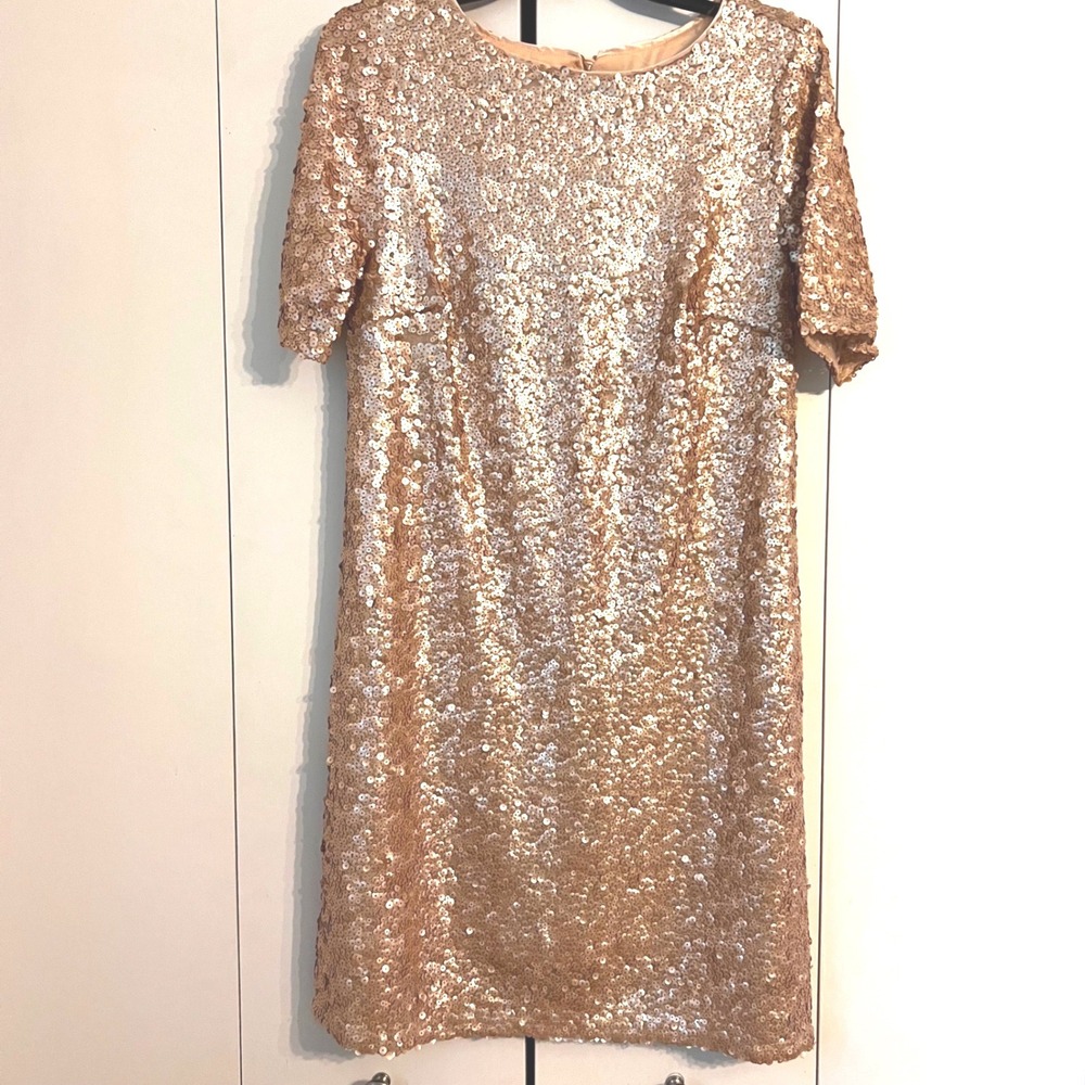 Sangria Sequin Shift Dress Rose Gold Champagne Short Sleeve Womens 8 NWT